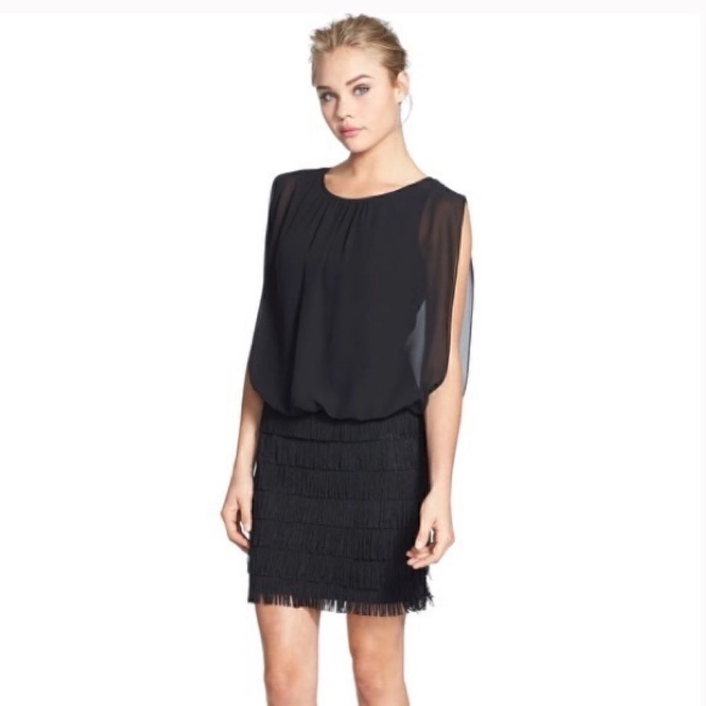 Aidan By Aidan Mattox Fringe Detail Chiffon Blouson Dress in black size 2